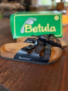 Birkenstock Betula Black Three-Buckle Cork Footbed Slide-On Sandals - 10W